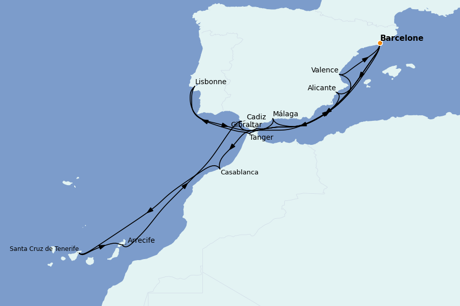 Itinéraire de la croisière Méditerranée Occidentale 20 jours à bord du Explora II