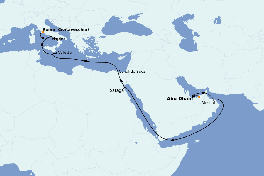 Itinéraire de la croisière TRANSATLANTIQUES ET GRANDS VOYAGES 16 jours à bord du MSC World Europa