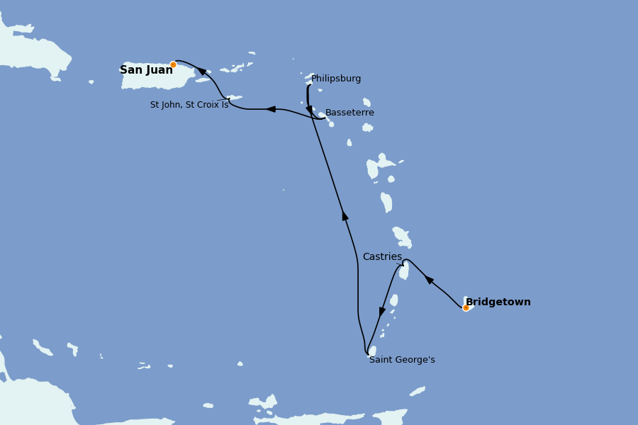 Itinéraire de la croisière Caraïbes de l'Est 7 jours à bord du Silver Spirit