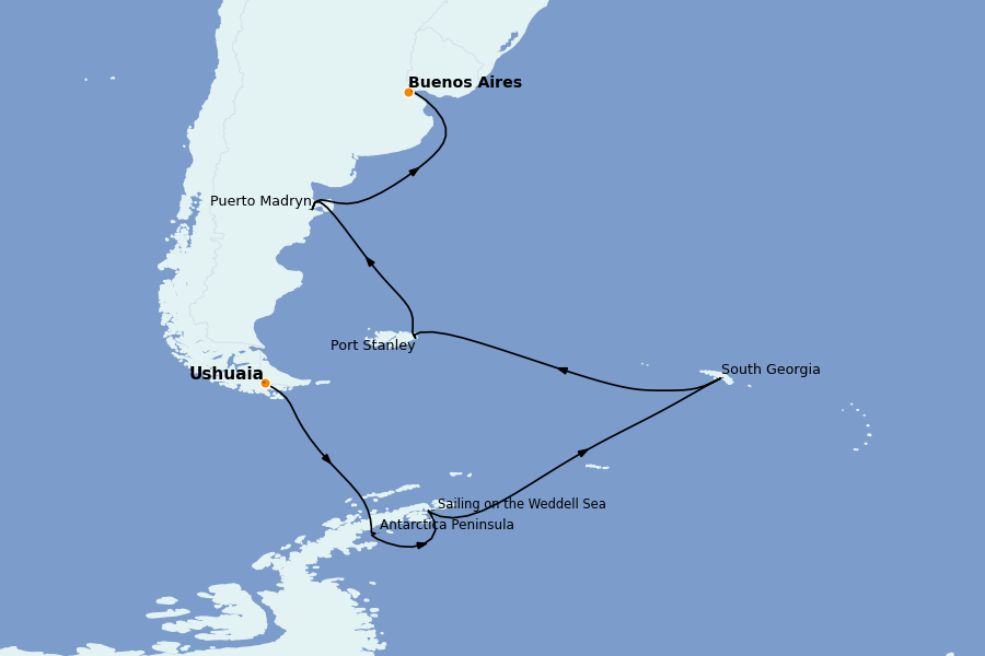Itinéraire de la croisière Brésil, Argentine, Uruguay 18 jours à bord du L'Austral