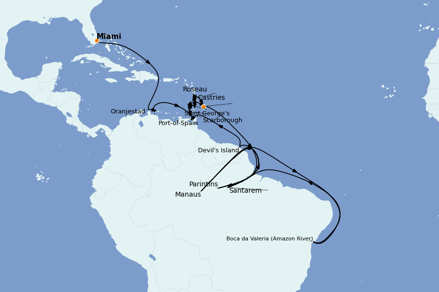 Itinéraire de la croisière Caraïbes de l'Est (Antilles) 31 jours à bord du Insignia