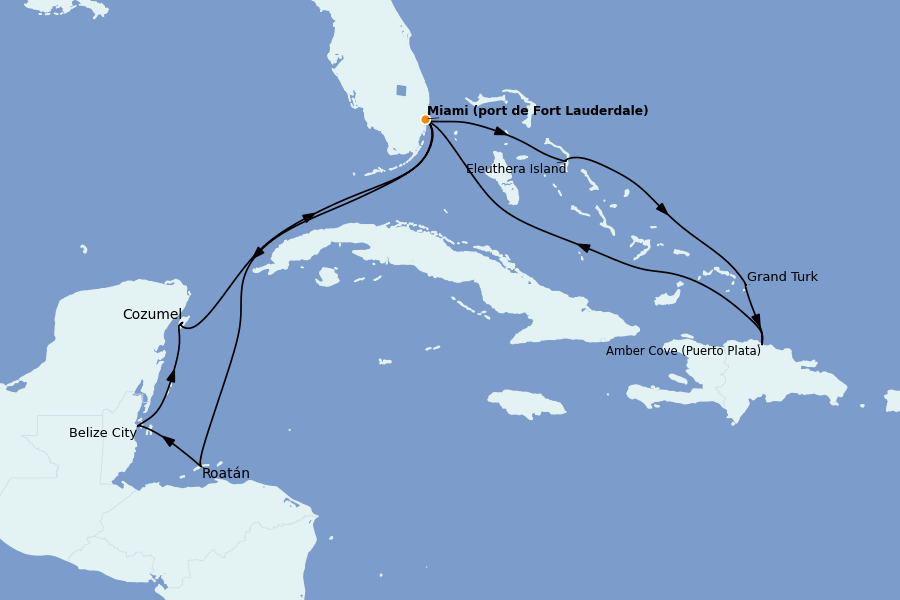 Itinéraire de la croisière Caraïbes de l'Est (Antilles) 14 jours à bord du Caribbean Princess