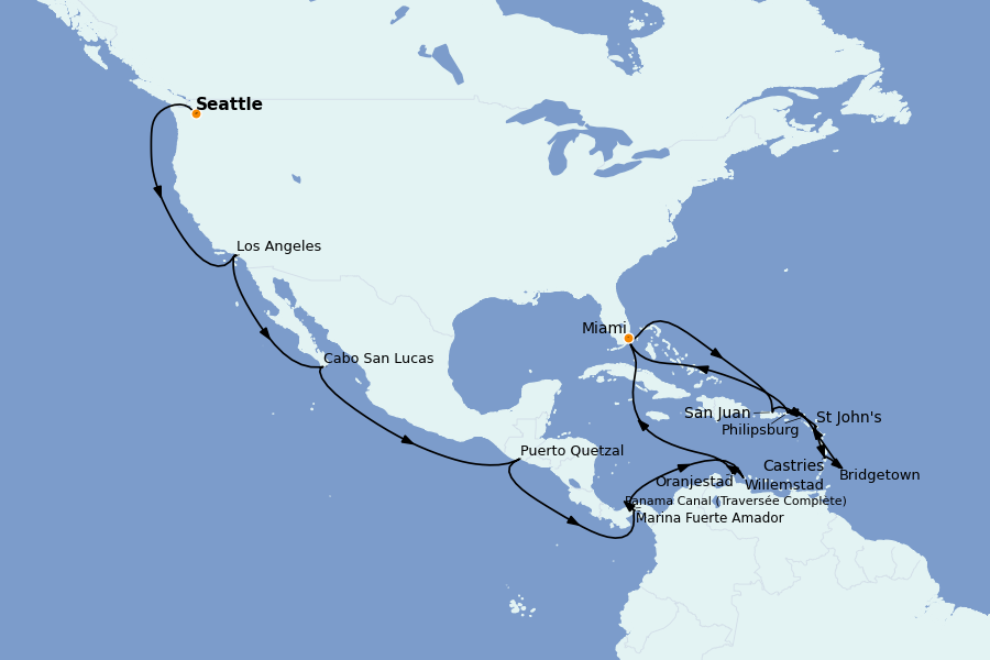 Itinéraire de la croisière Caraïbes de l'Est (Antilles) 33 jours à bord du Queen Elizabeth