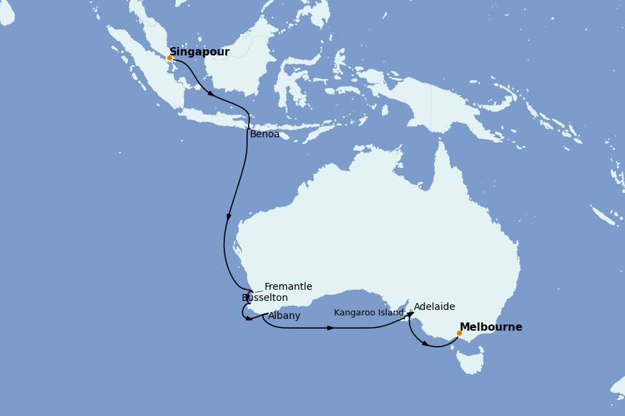 Itinéraire de la croisière Thaïlande, (Bali) Indonésie, Malaisie, Singapour, Vietnam, Birmanie, Philippines 19 jours à bord du Silver Moon