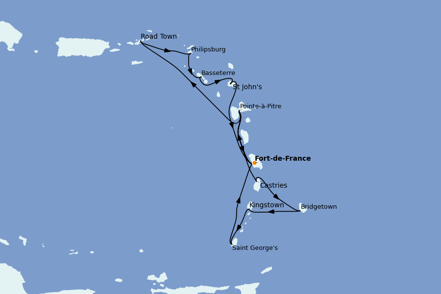 Itinéraire de la croisière Caraïbes de l'Est (Antilles) 14 jours à bord du MSC Virtuosa
