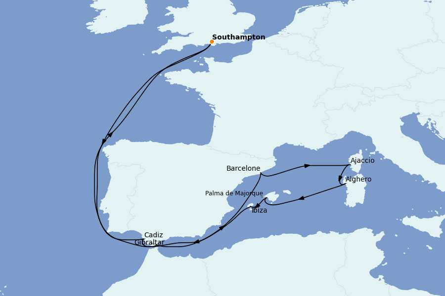 Itinéraire de la croisière Méditerranée Occidentale 16 jours à bord du Queen Anne