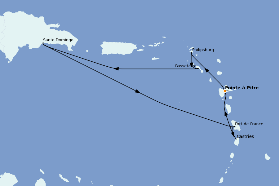 Itinéraire de la croisière Caraïbes de l'Est 7 jours à bord du Costa Fascinosa