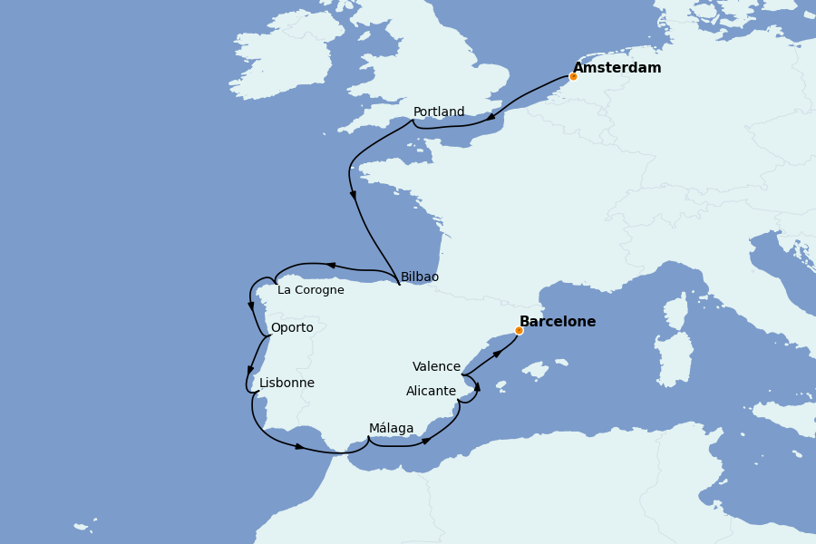 Itinéraire de la croisière Méditerranée 13 jours à bord du Ms Nieuw Statendam