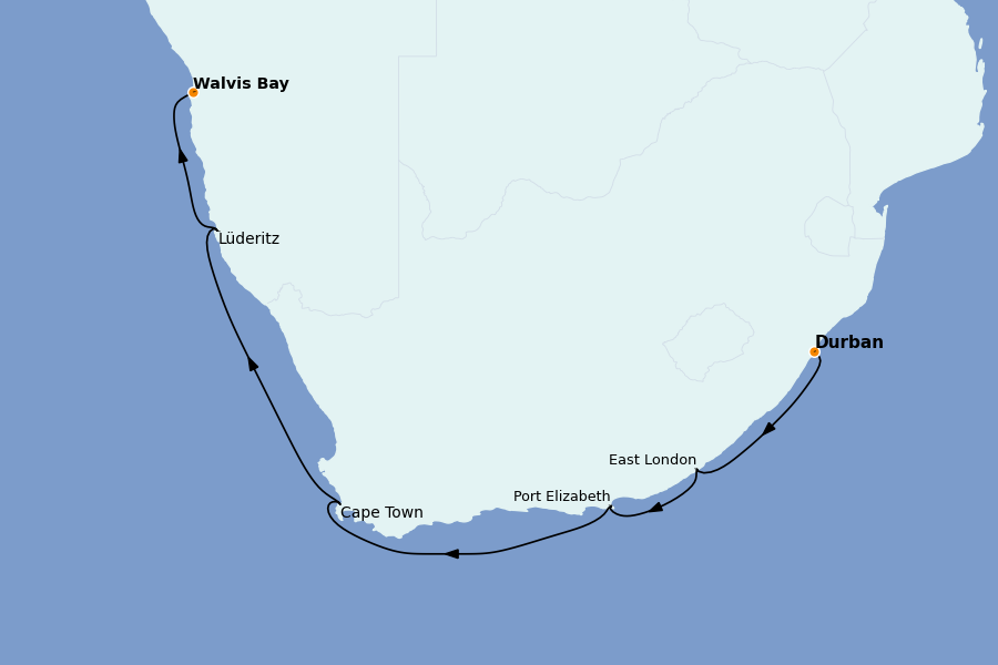 Itinéraire de la croisière Le Cap (Afrique du Sud), Côte Africaine 10 jours à bord du Le Dumont d'Urville