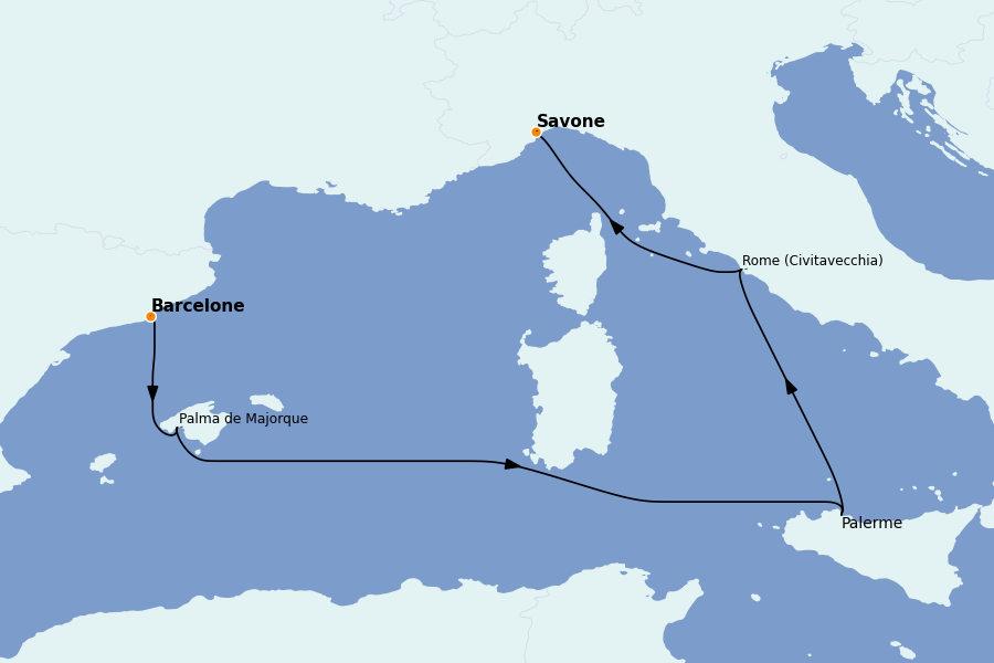 Itinéraire de la croisière Méditerranée 5 jours à bord du Costa Toscana