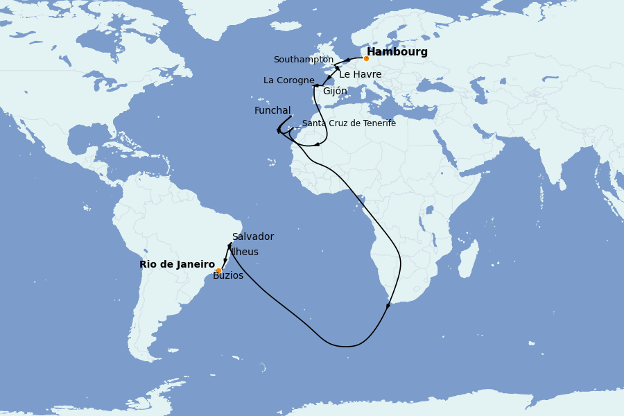 Itinéraire de la croisière TRANSATLANTIQUES ET GRANDS VOYAGES 20 jours à bord du MSC Preziosa