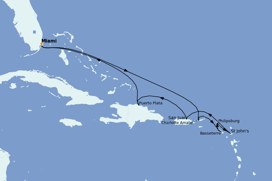 Itinéraire de la croisière Caraïbes de l'Est (Antilles) 10 jours à bord du MSC Poesia