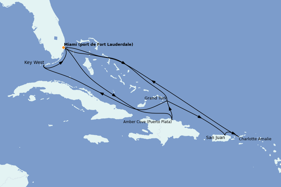 Itinéraire de la croisière Caraïbes de l'Est (Antilles) 14 jours à bord du Ms Eurodam
