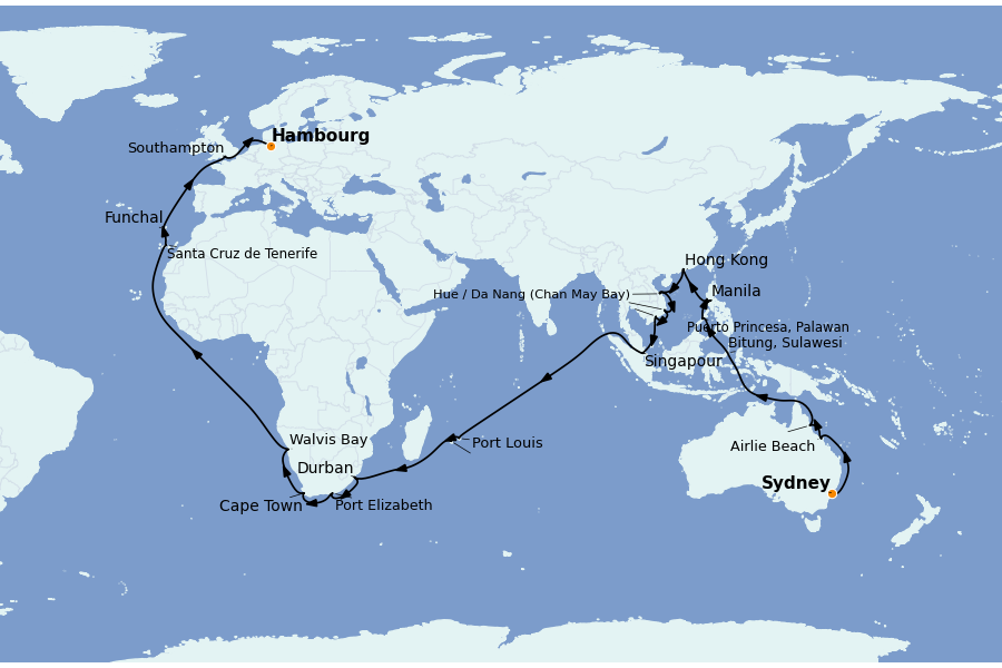 Itinerario del crucero Mediterráneo Occidental 65 días a bordo del Queen Victoria