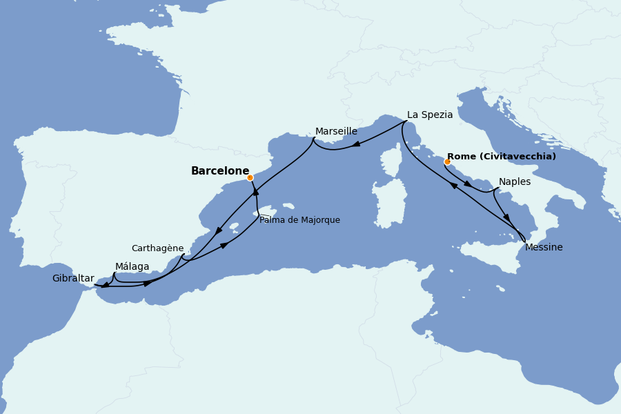 Itinéraire de la croisière Méditerranée Occidentale 11 jours à bord du Sun Princess