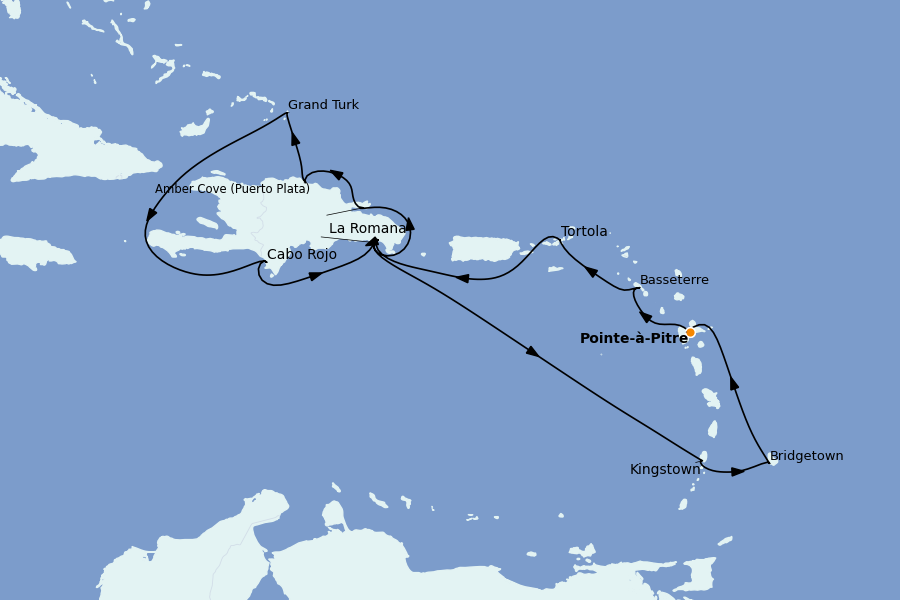 Itinéraire de la croisière Caraïbes de l'Est (Antilles) 14 jours à bord du Costa Pacifica