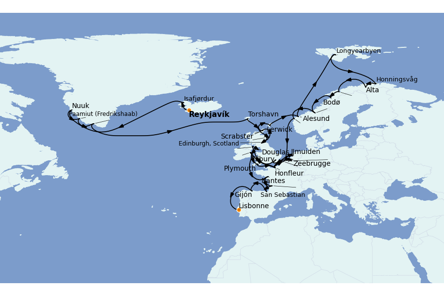 Itinéraire de la croisière Îles Britanniques 54 jours à bord du Sirena