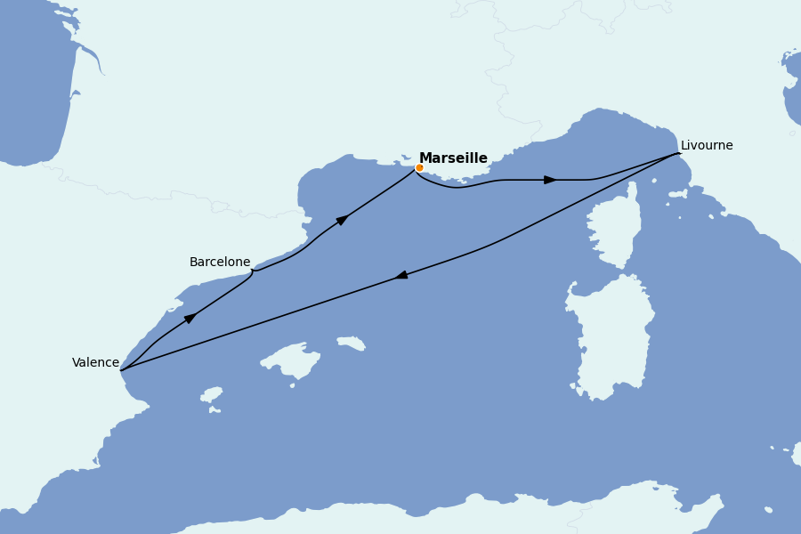 Itinéraire de la croisière Méditerranée Occidentale 5 jours à bord du MSC Orchestra