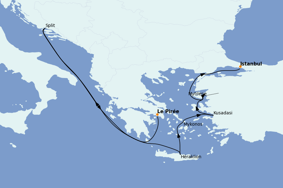 Itinéraire de la croisière Îles Grecques, Adriatique et Turquie - Méditerranée Orientale 10 jours à bord du Seven Seas Voyager