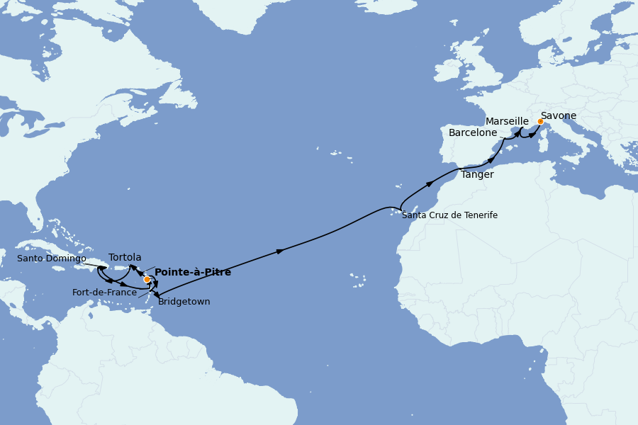 Itinéraire de la croisière TRANSATLANTIQUES ET GRANDS VOYAGES 22 jours à bord du Costa Fascinosa