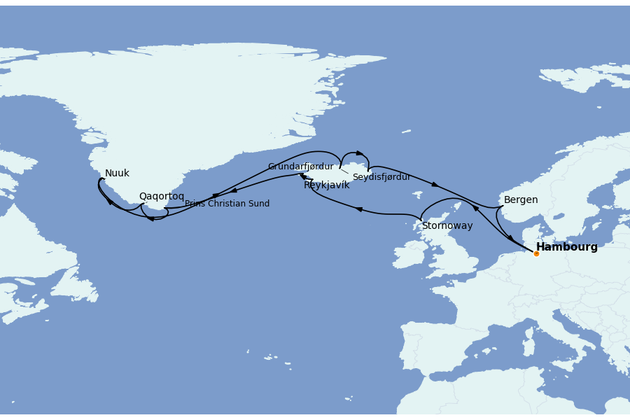 Itinéraire de la croisière Exploration polaire 22 jours à bord du Costa Favolosa