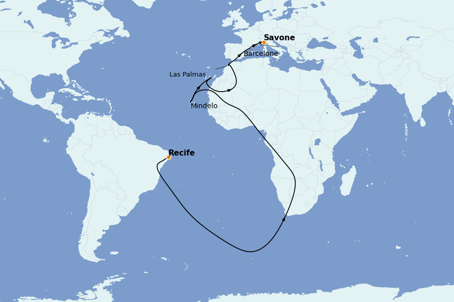 Itinéraire de la croisière Transatlantiques et Grands Voyages 2025 14 jours à bord du Costa Favolosa