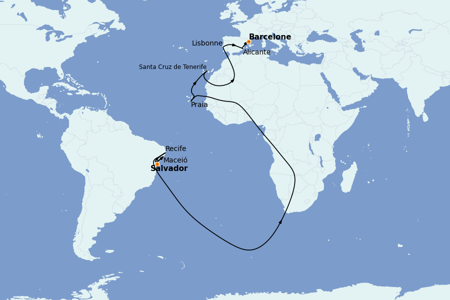 Itinéraire de la croisière Transatlantiques et Grands Voyages 2025 15 jours à bord du Costa Pacifica