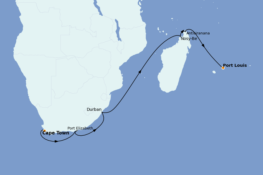 Itinéraire de la croisière OCÉAN INDIEN - AFRIQUE 15 jours à bord du Seven Seas Voyager