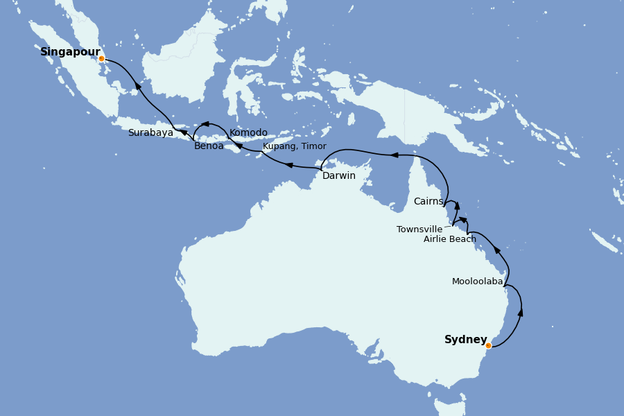 Itinéraire de la croisière Thaïlande, (Bali) Indonésie, Malaisie, Singapour, Vietnam, Birmanie, Philippines 18 jours à bord du Vista