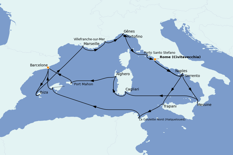 Itinéraire de la croisière Méditerranée Occidentale 21 jours à bord du Explora II