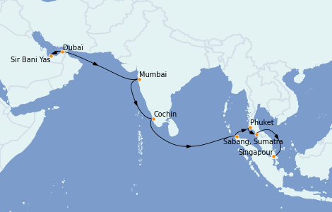 Itinéraire de la croisière Asie 16 jours à bord du Seabourn Encore
