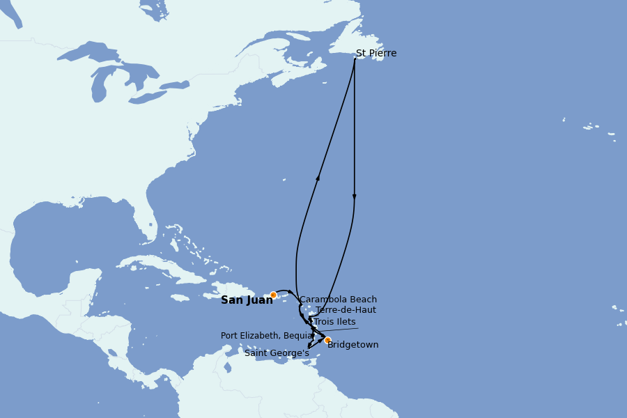 Itinéraire de la croisière Caraïbes de l'Est 14 jours à bord du Seabourn Ovation
