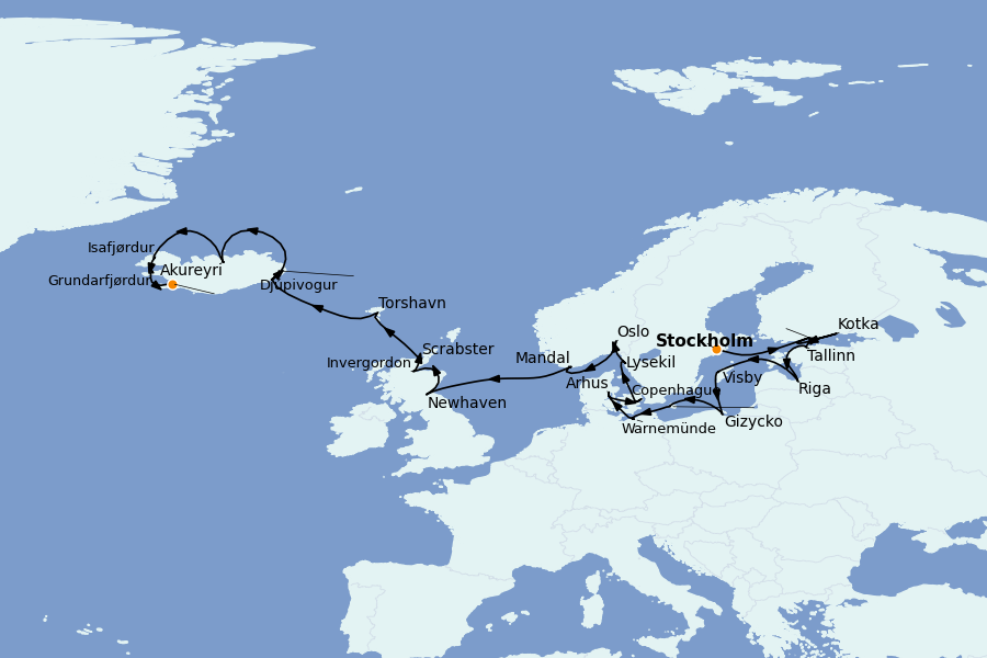 Itinéraire de la croisière Mer Baltique - Russie - Mer du Nord 24 jours à bord du Marina