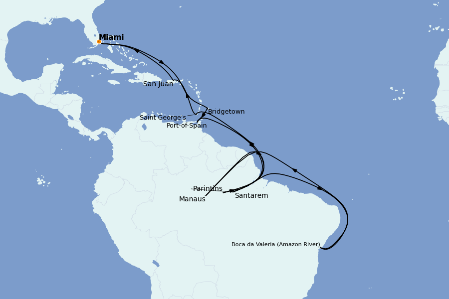 Itinéraire de la croisière Caraïbes de l'Est (Antilles) 22 jours à bord du Seven Seas Mariner