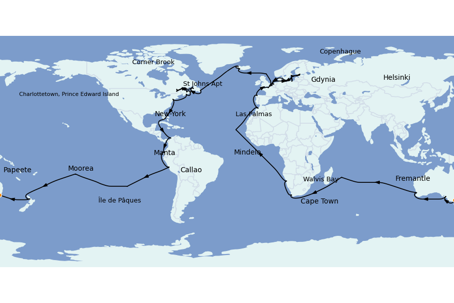 Itinéraire de la croisière TOUR DU MONDE 112 jours à bord du Crown Princess