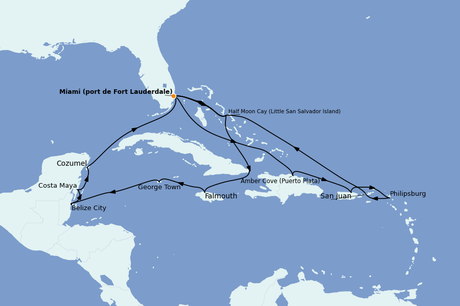 Itinéraire de la croisière Caraïbes de l'Est (Antilles) 18 jours à bord du Ms Koningsdam