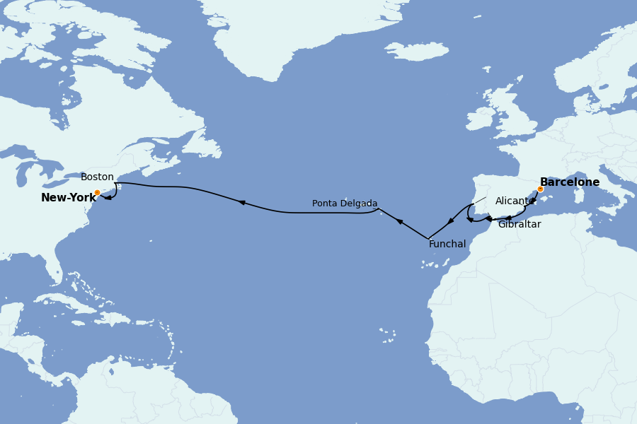 Itinéraire de la croisière TRANSATLANTIQUES ET GRANDS VOYAGES 19 jours à bord du MSC Meraviglia