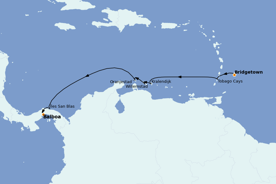 Itinéraire de la croisière Caraïbes de l'Est (Antilles) 14 jours à bord du Star Clipper