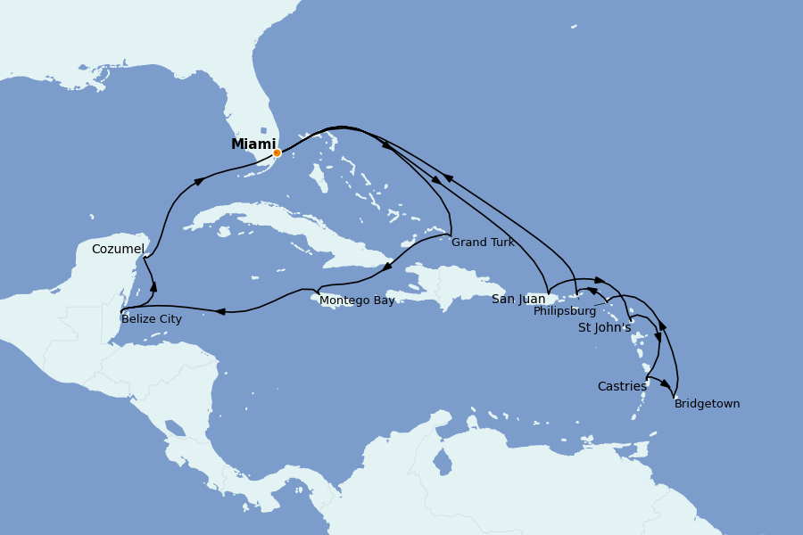 Itinéraire de la croisière Caraïbes de l'Est (Antilles) 21 jours à bord du Queen Elizabeth