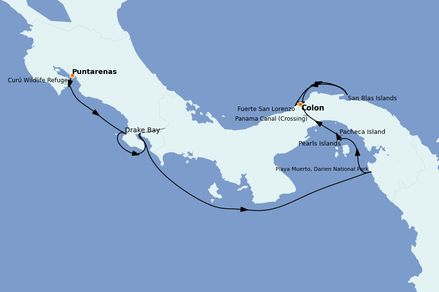 Itinéraire de la croisière Riviera Mexicaine et Amérique Centrale (Côte Pacifique) 10 jours à bord du Le Bellot