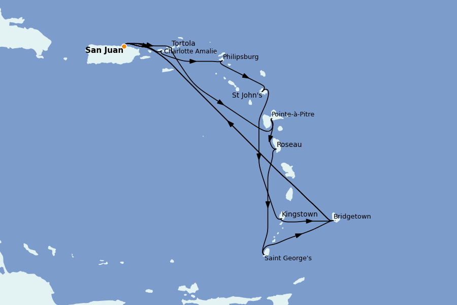 Itinéraire de la croisière Caraïbes de l'Est (Antilles) 14 jours à bord du Grand Princess