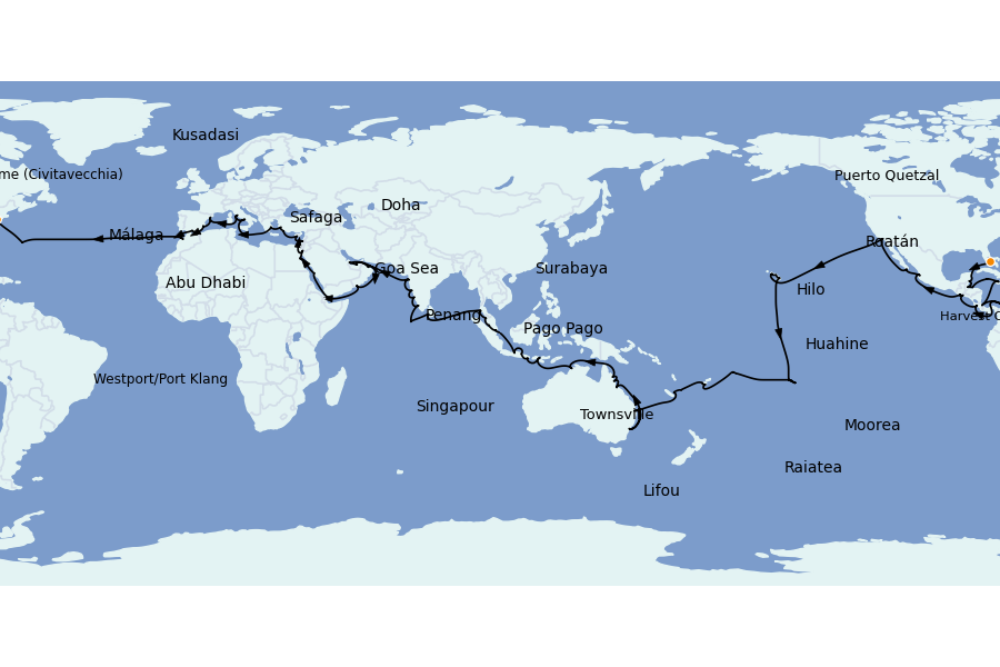 Itinéraire de la croisière TOUR DU MONDE 141 jours à bord du Seven Seas Splendor