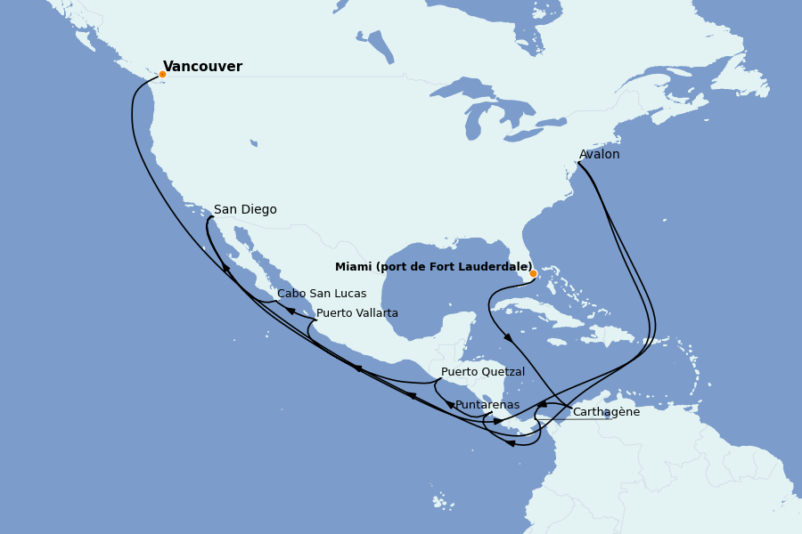 Itinéraire de la croisière Canal de Panama 20 jours à bord du Ms Eurodam