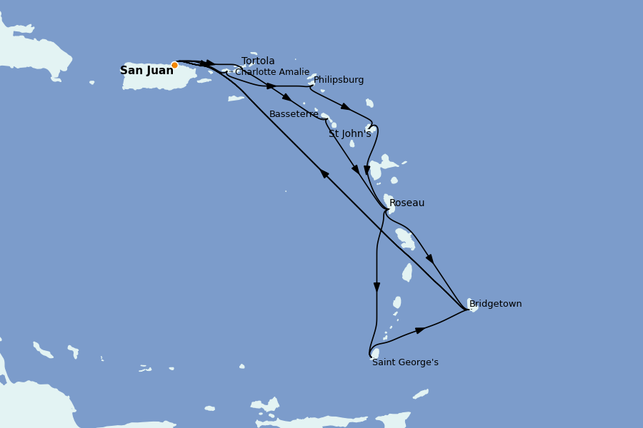 Itinéraire de la croisière Caraïbes de l'Est (Antilles) 14 jours à bord du Grand Princess