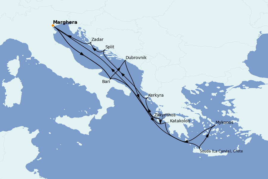 Itinéraire de la croisière Îles Grecques, Adriatique et Turquie - Méditerranée Orientale 14 jours à bord du Costa Deliziosa