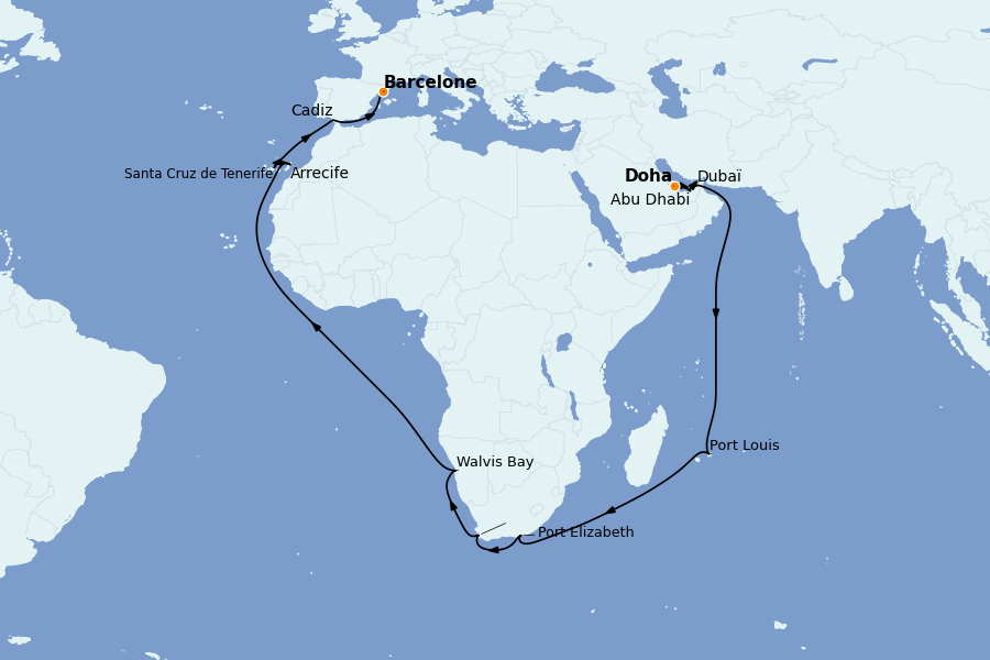 Itinéraire de la croisière Îles Canaries, Maroc, Açores, Portugal 35 jours à bord du Costa Toscana