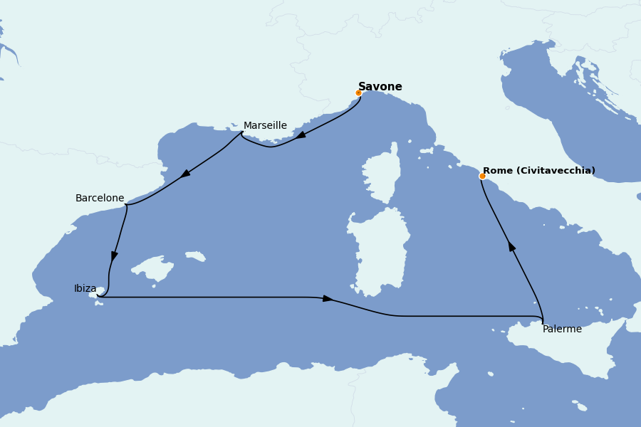 Itinéraire de la croisière Méditerranée Occidentale 6 jours à bord du Costa Toscana
