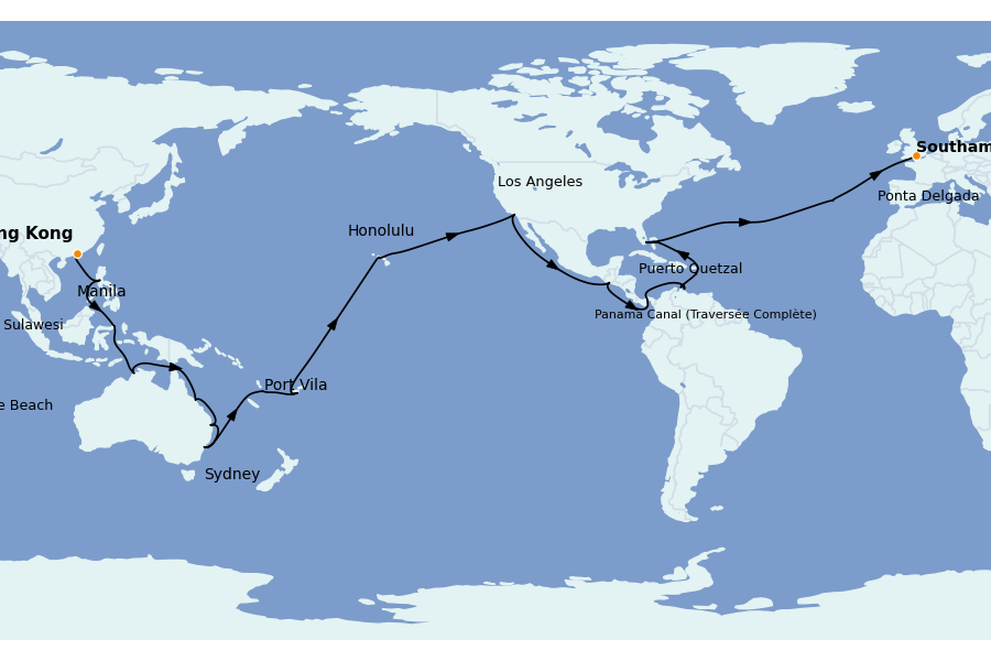 Itinéraire de la croisière TOUR DU MONDE 62 jours à bord du Queen Anne