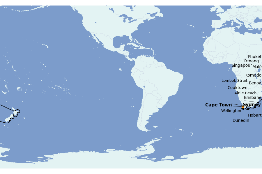 Itinéraire de la croisière OCÉAN INDIEN - AFRIQUE 69 jours à bord du Seven Seas Mariner
