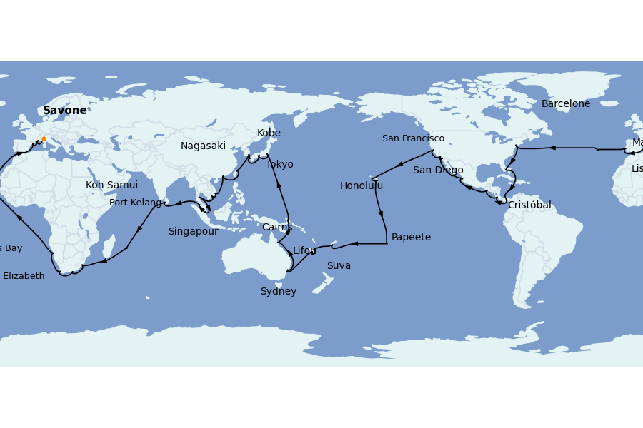 Itinéraire de la croisière TOUR DU MONDE 138 jours à bord du Costa Deliziosa